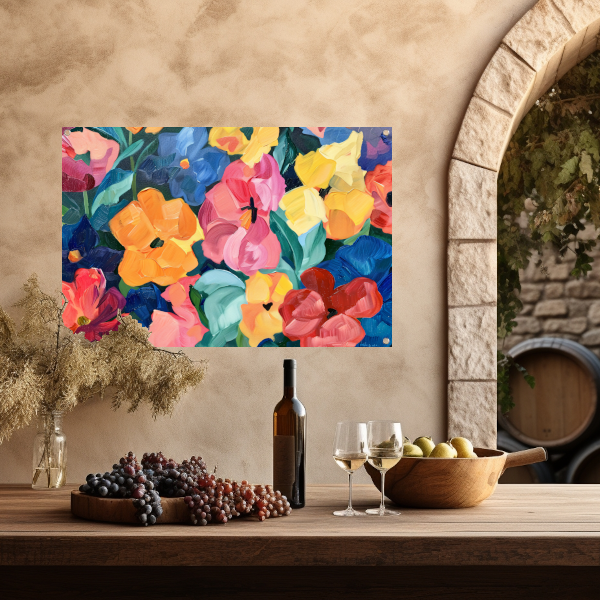 Abstracte explosie van kleurrijke bloemen en bladeren tuinposter