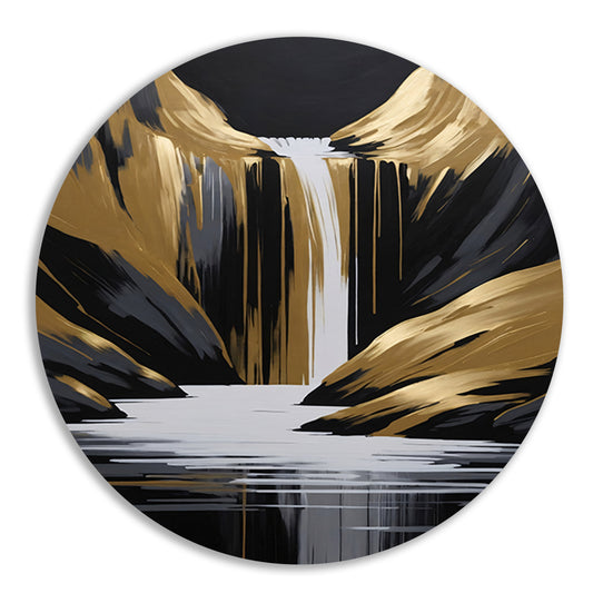 Gouden Accenten Abstracte Waterval Monochroom aluminium muurcirkel