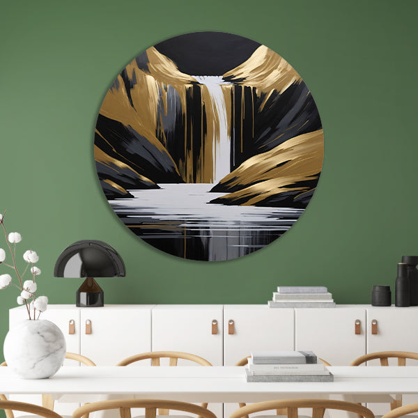 Gouden Accenten Abstracte Waterval Monochroom aluminium muurcirkel