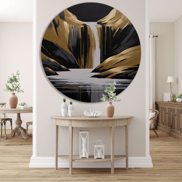 Gouden Accenten Abstracte Waterval Monochroom aluminium muurcirkel