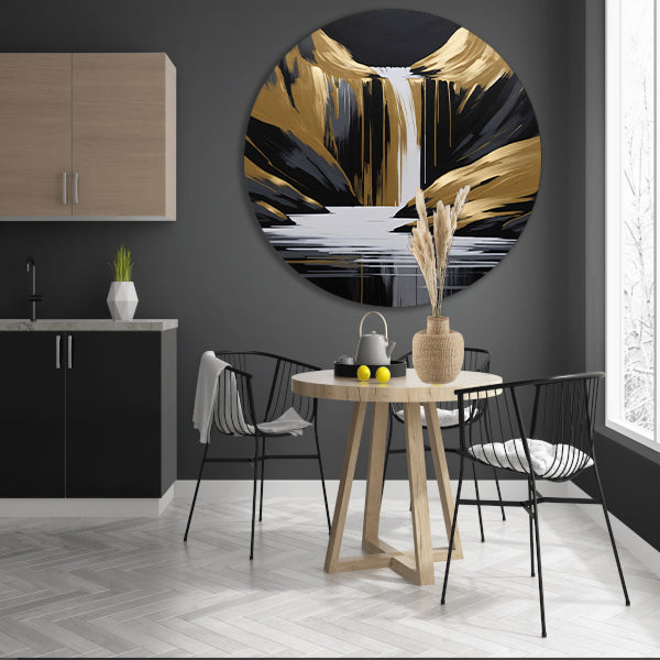 Gouden Accenten Abstracte Waterval Monochroom aluminium muurcirkel