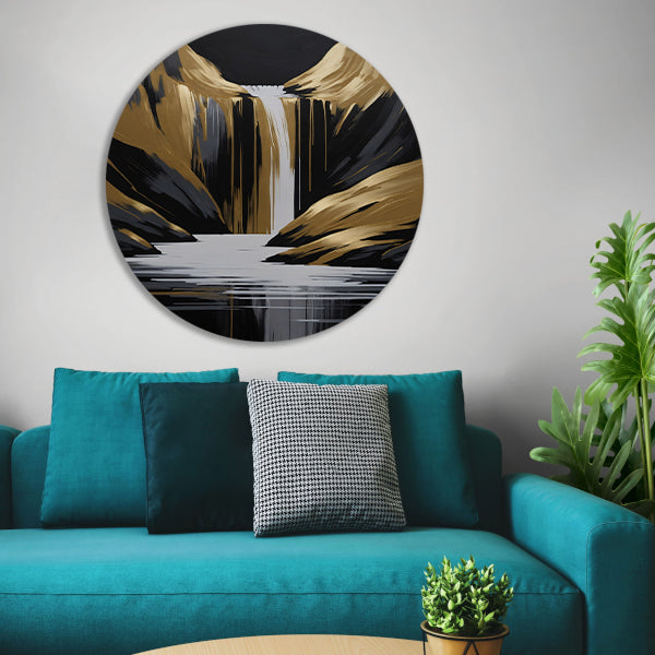 Gouden Accenten Abstracte Waterval Monochroom aluminium muurcirkel
