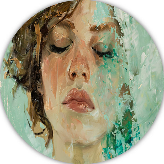 Vrouwelijk Portret met Gesloten Ogen en Kleurenspel aluminium muurcirkel