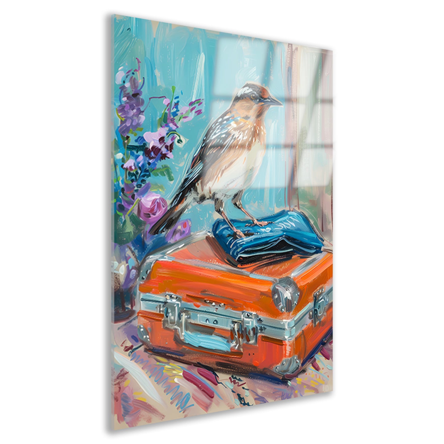 Kleurrijke vogel op vintage koffer acrylglas