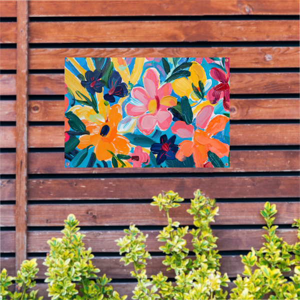 Kleurrijke abstracte impressie van bloemen en bladeren tuinposter
