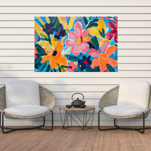 Kleurrijke abstracte impressie van bloemen en bladeren tuinposter