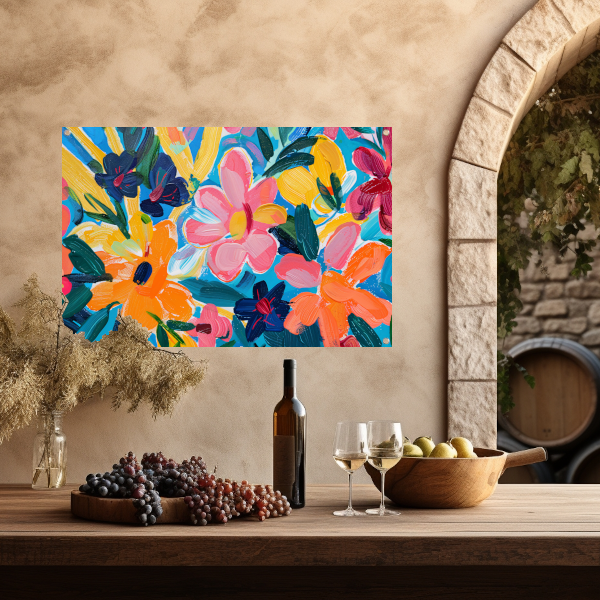 Kleurrijke abstracte impressie van bloemen en bladeren tuinposter