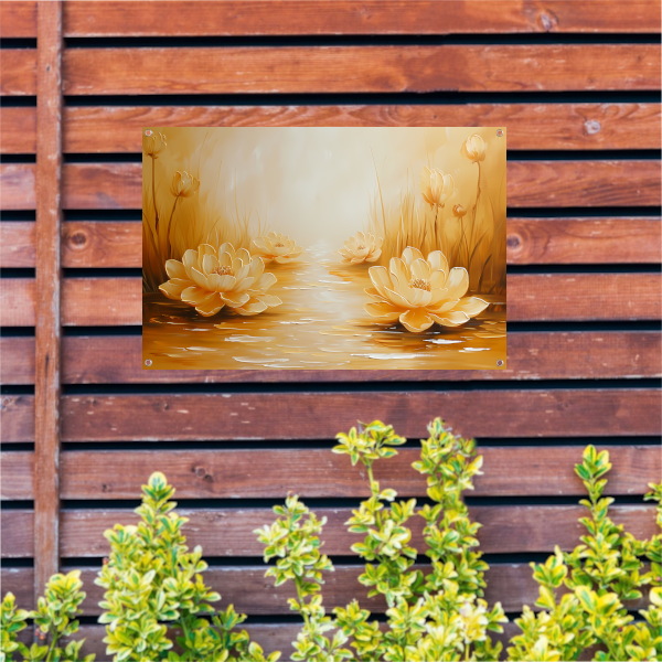 Gouden waterlelies in serene omgeving tuinposter