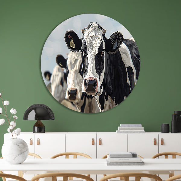 Close-up van zwart-witte koeien in landschap forex muurcirkel