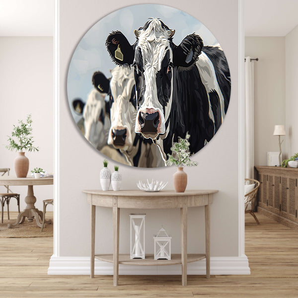 Close-up van zwart-witte koeien in landschap forex muurcirkel