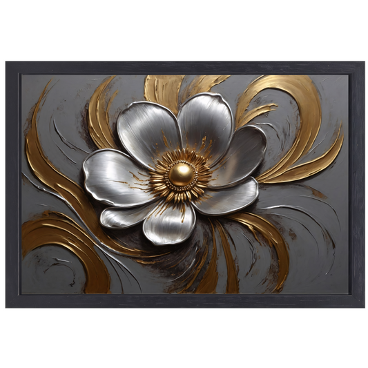 Gouden en Zilveren Bloem in Relief canvas met baklijst