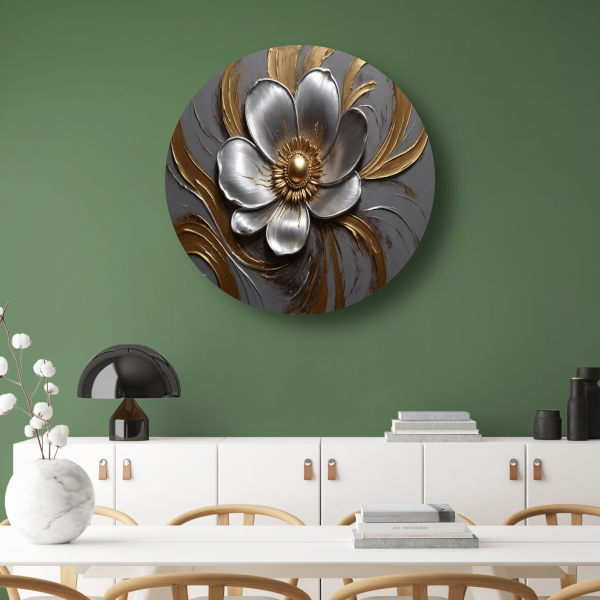 Gouden en Zilveren Bloem in Relief aluminium muurcirkel