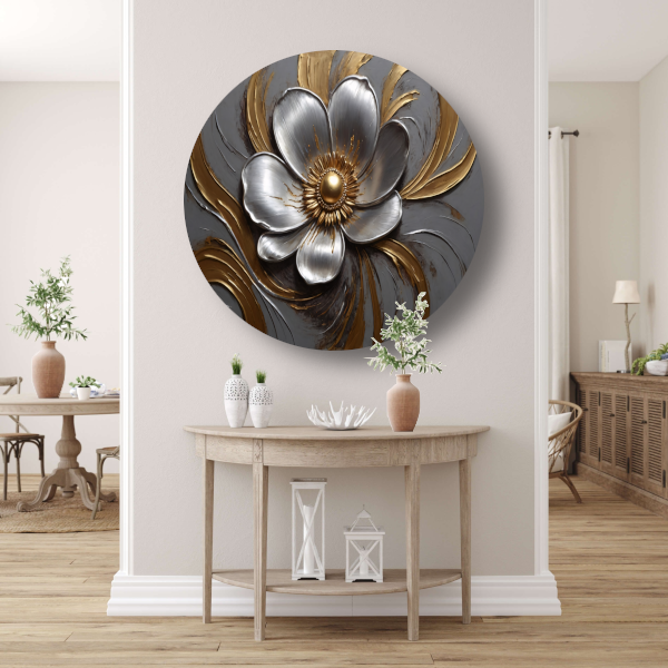 Gouden en Zilveren Bloem in Relief aluminium muurcirkel