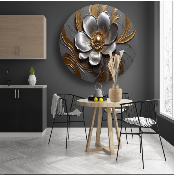Gouden en Zilveren Bloem in Relief aluminium muurcirkel