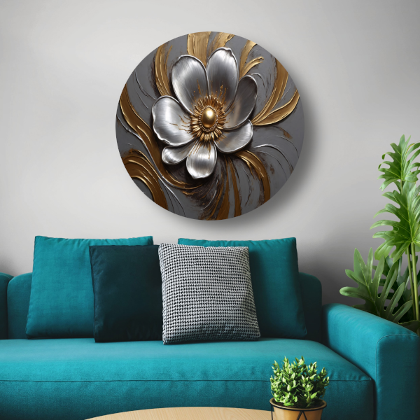 Gouden en Zilveren Bloem in Relief aluminium muurcirkel