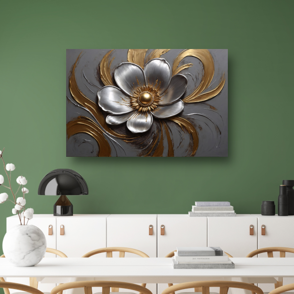 Gouden en Zilveren Bloem in Relief canvas met baklijst