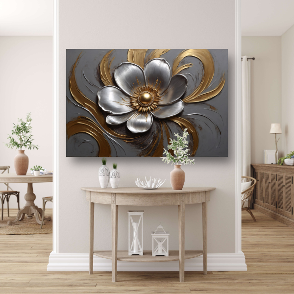 Gouden en Zilveren Bloem in Relief canvas met baklijst