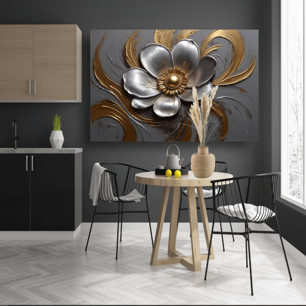 Gouden en Zilveren Bloem in Relief canvas met baklijst