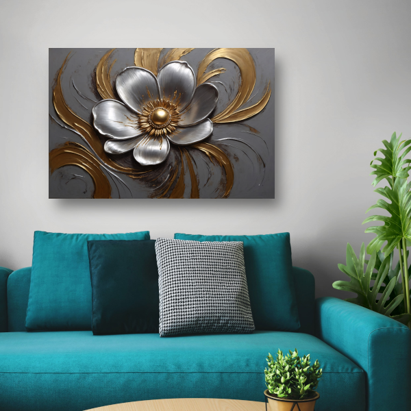 Gouden en Zilveren Bloem in Relief canvas met baklijst