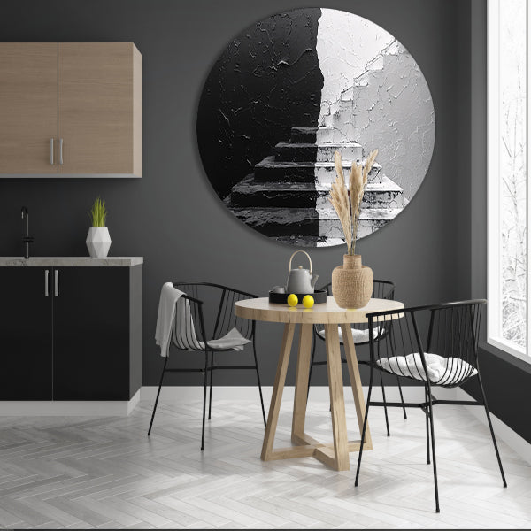 Zwart wit trappenhuis aluminium muurcirkel