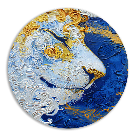 Surrealistisch schilderij van een leeuw in kleuren aluminium muurcirkel