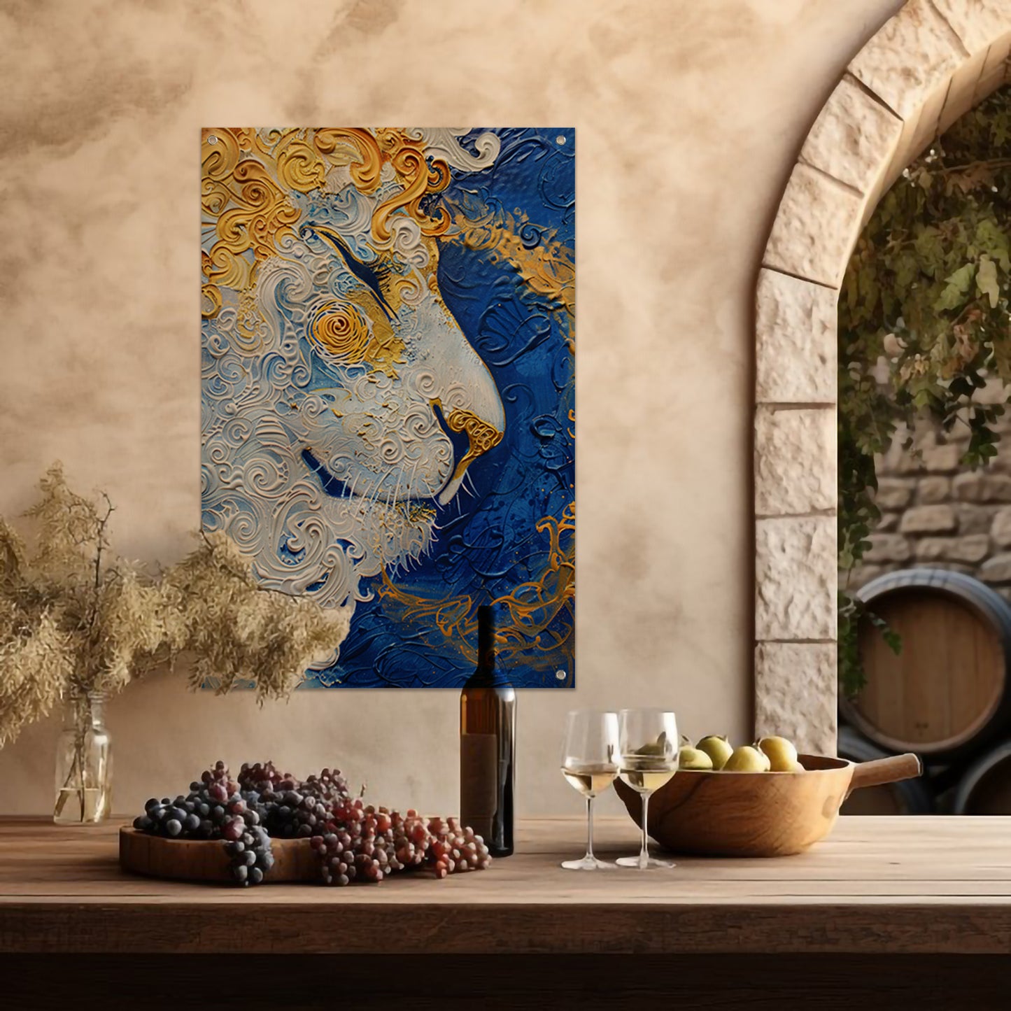 Surrealistisch schilderij van een leeuw in kleuren tuinposter