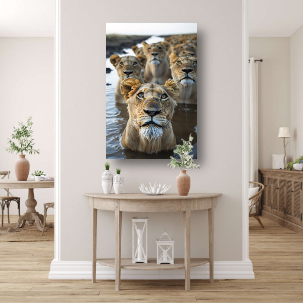 Leeuwen in de waterpoel canvas