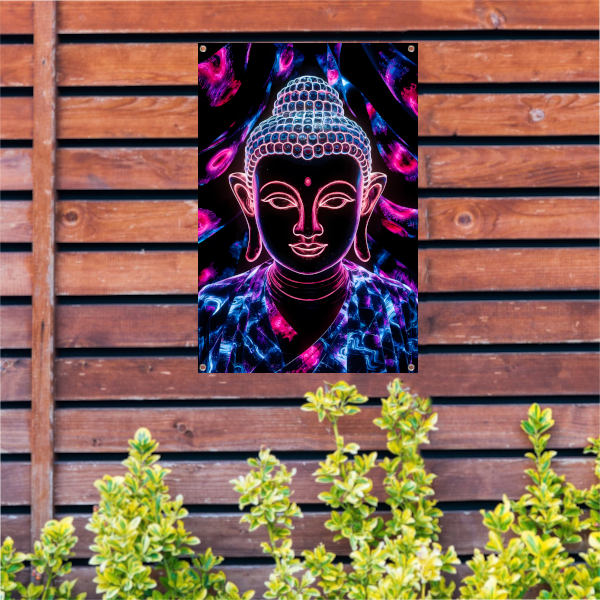 Kleurrijk neon Boeddha kunstwerk tuinposter
