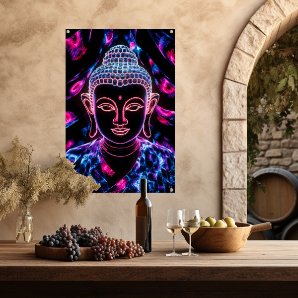 Kleurrijk neon Boeddha kunstwerk tuinposter