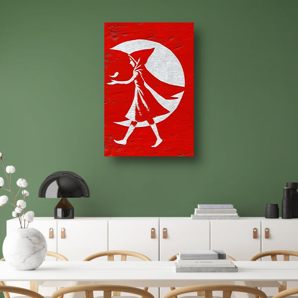 Vrouw in Rode Mantel Wandelt Onder Maan canvas