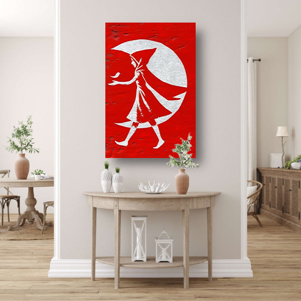 Vrouw in Rode Mantel Wandelt Onder Maan canvas
