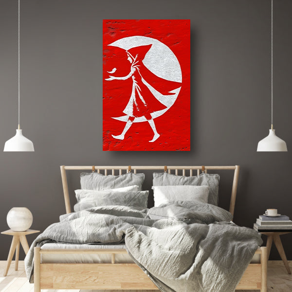 Vrouw in Rode Mantel Wandelt Onder Maan canvas