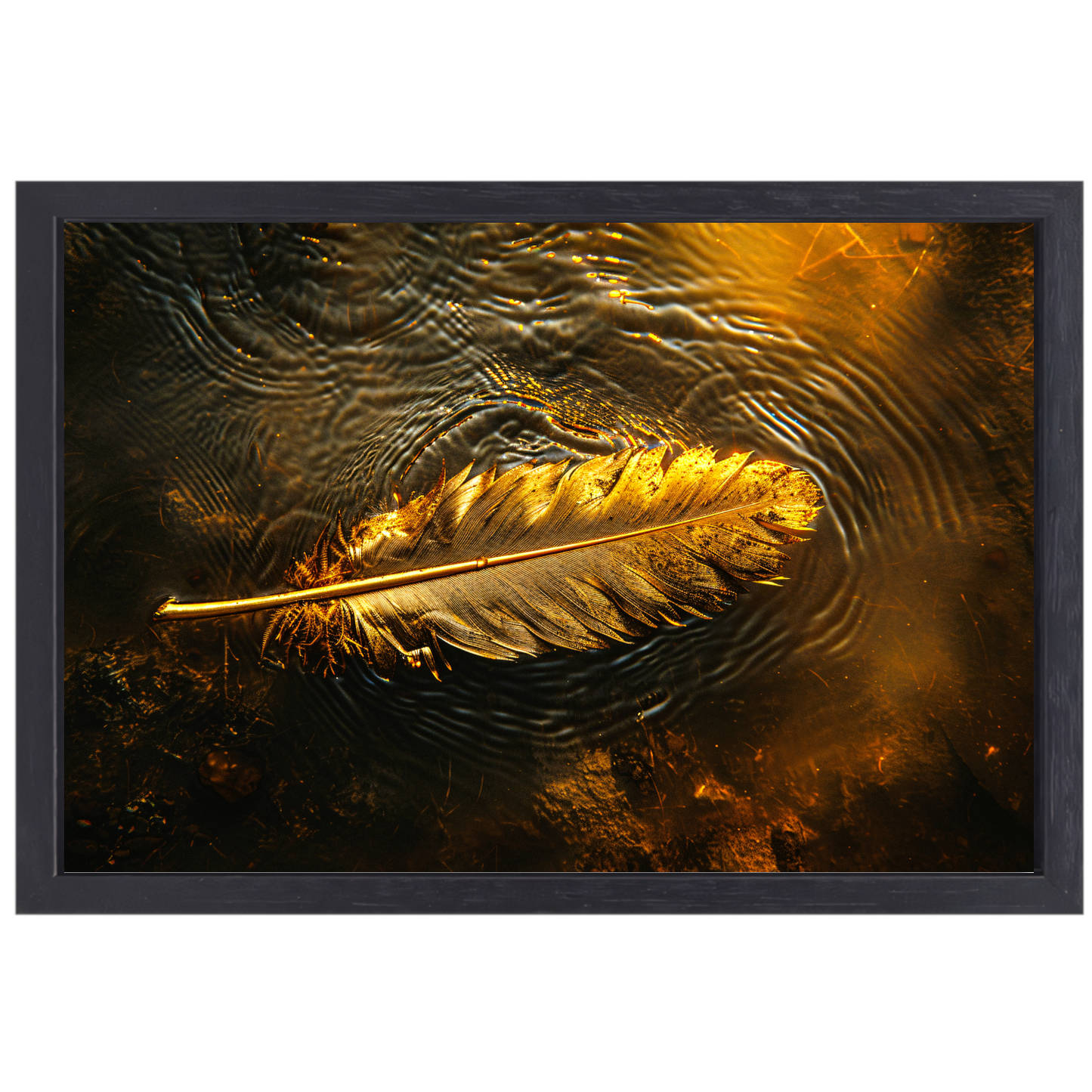 Gouden veer drijvend op een waterige zonsondergang canvas met baklijst