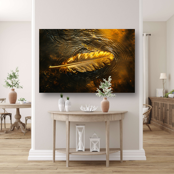 Gouden veer drijvend op een waterige zonsondergang poster