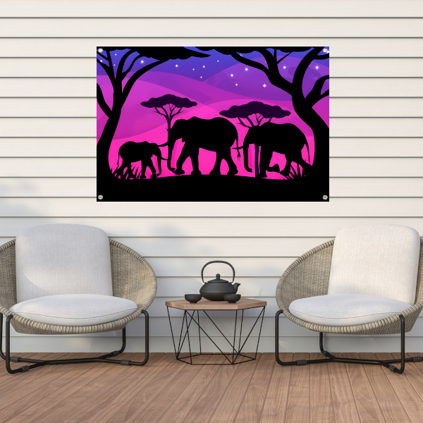 Olifanten silhouettes savanne zonsondergang tuinposter
