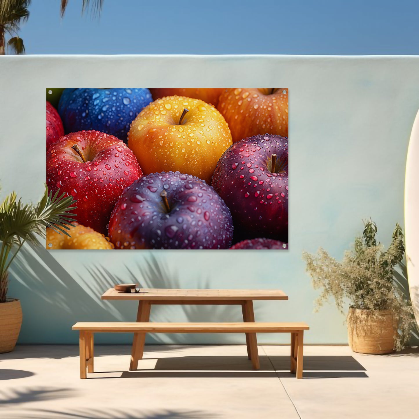 Levendige appels bedekt met dauwdruppels tuinposter