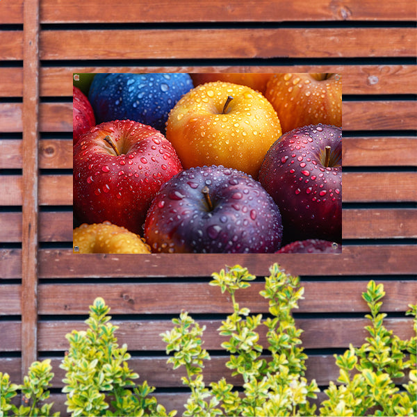 Levendige appels bedekt met dauwdruppels tuinposter