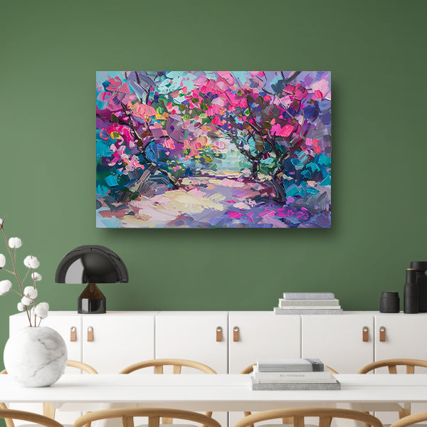 Abstract schilderij van kleurrijke bloemen en bomen canvas