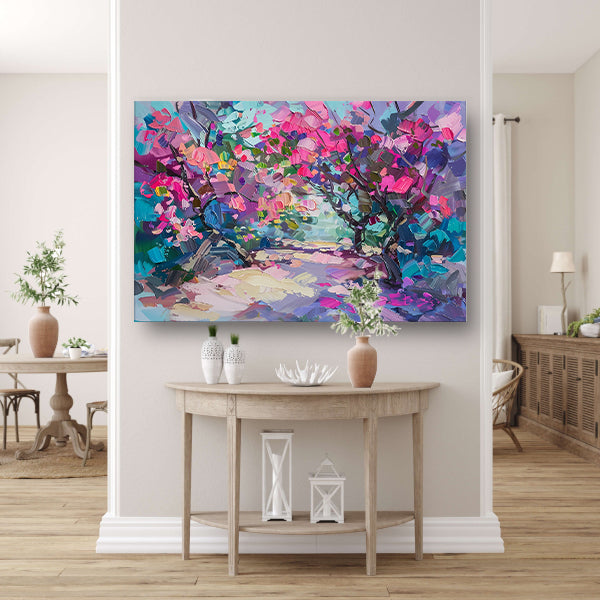 Abstract schilderij van kleurrijke bloemen en bomen canvas