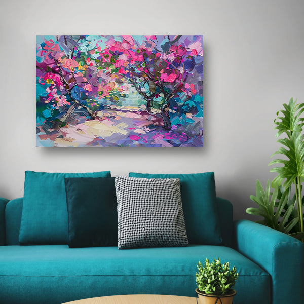 Abstract schilderij van kleurrijke bloemen en bomen canvas