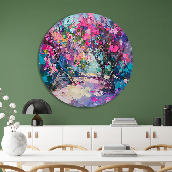 Abstract schilderij van kleurrijke bloemen en bomen forex muurcirkel