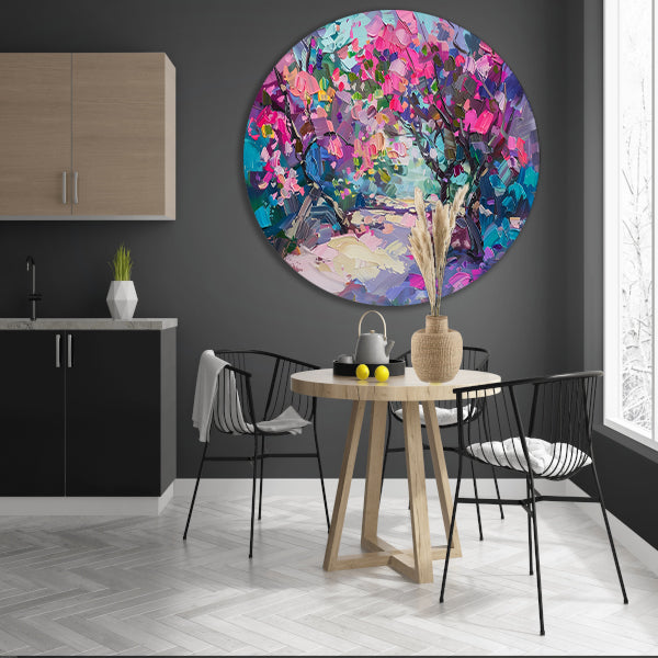 Abstract schilderij van kleurrijke bloemen en bomen forex muurcirkel