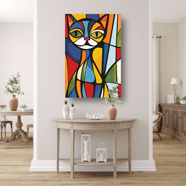 Kleurrijke geometrische kat illustratie kunstwerk canvas