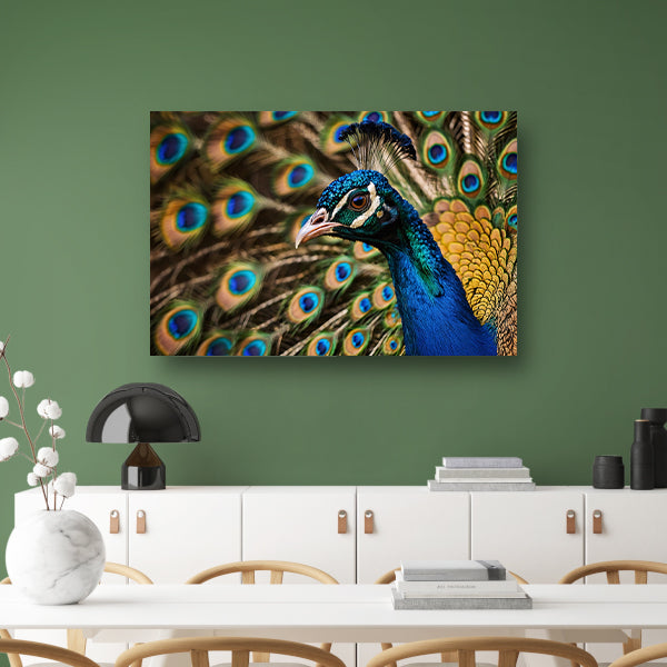 Kleurrijke close-up van een prachtige pauw canvas met baklijst