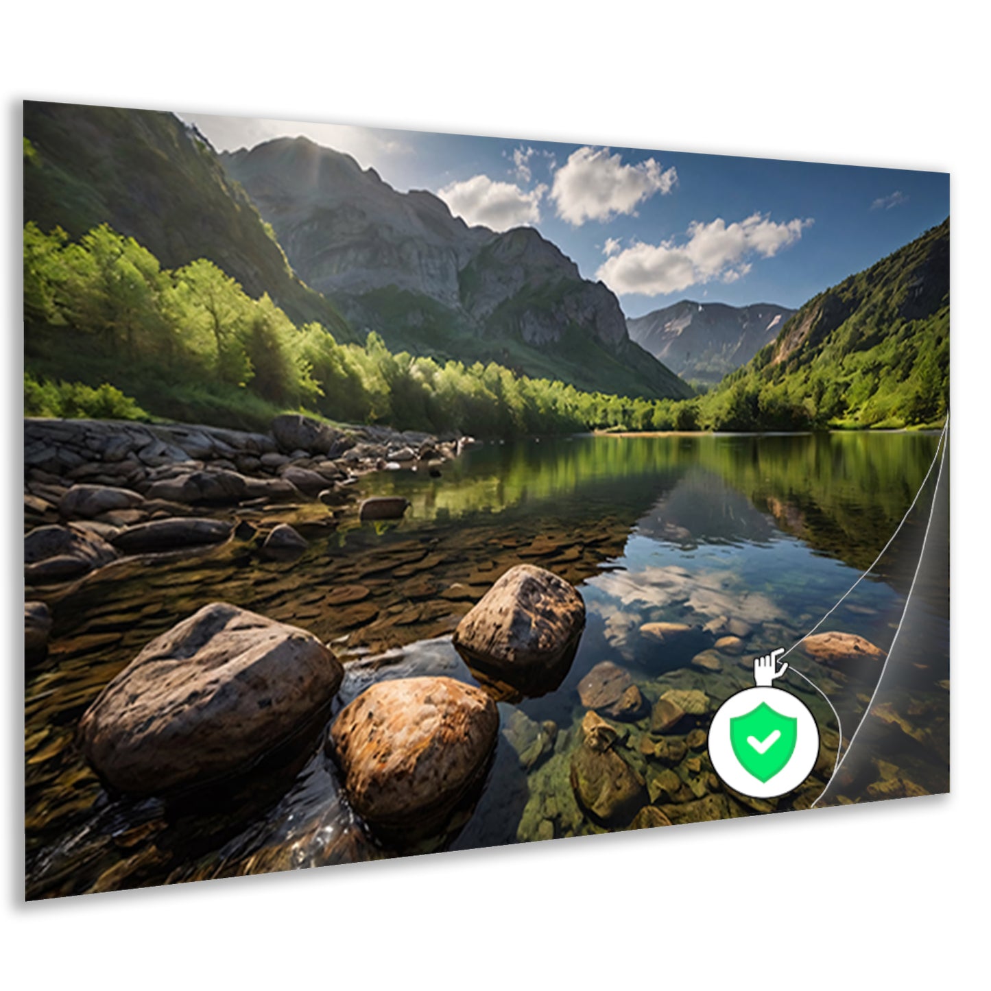Rustig berglandschap met heldere rivierposter