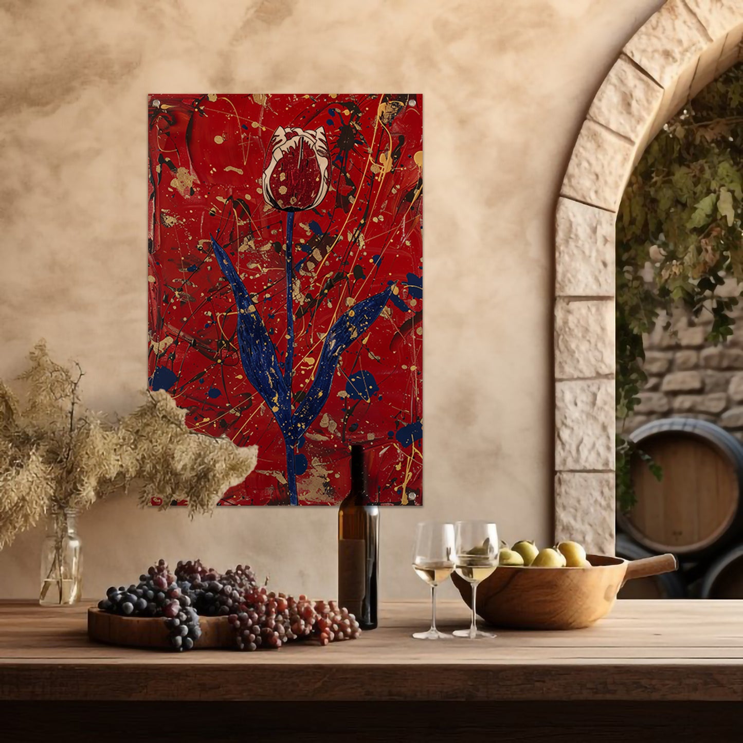 Abstracte tulp met dynamische verfspetters tuinposter