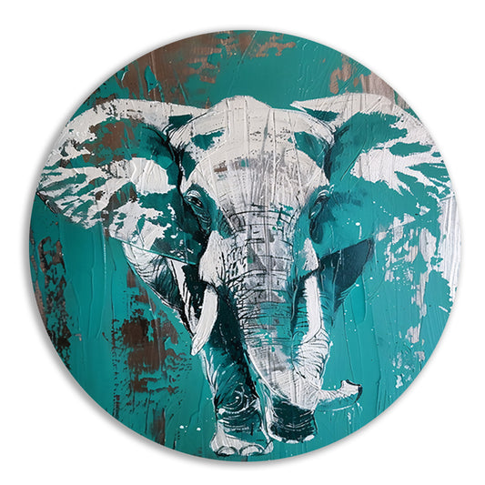 Abstract schilderij van turquoise olifant aluminium muurcirkel