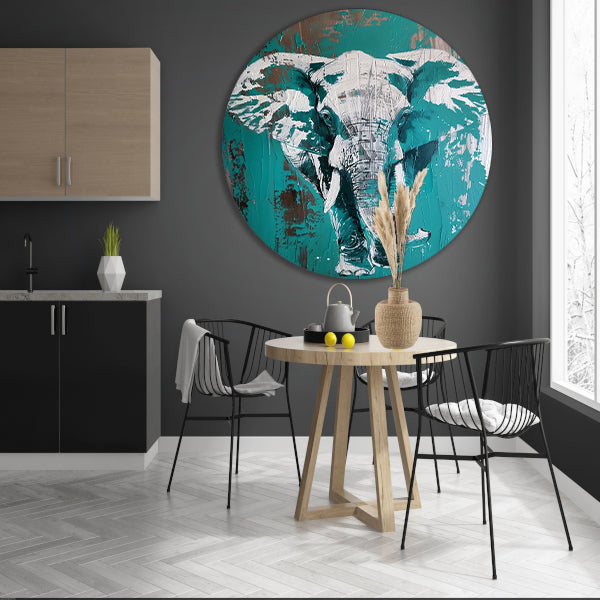 Abstract schilderij van turquoise olifant aluminium muurcirkel