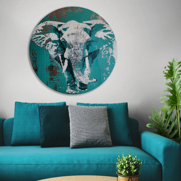 Abstract schilderij van turquoise olifant aluminium muurcirkel