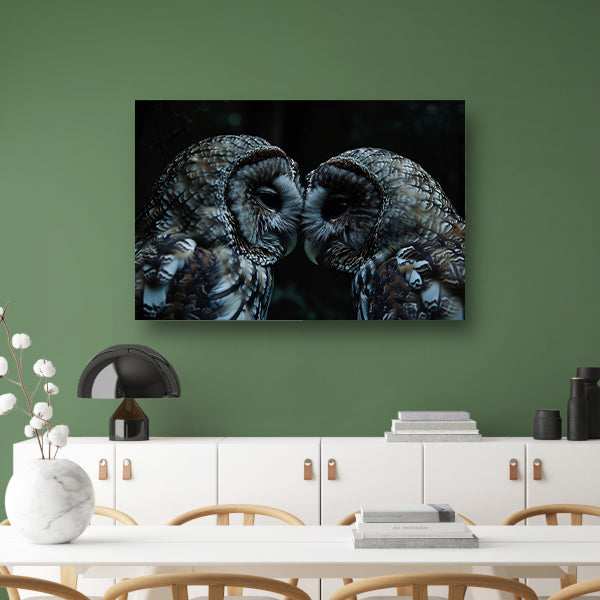 Twee uilen in een donkere omgeving canvas